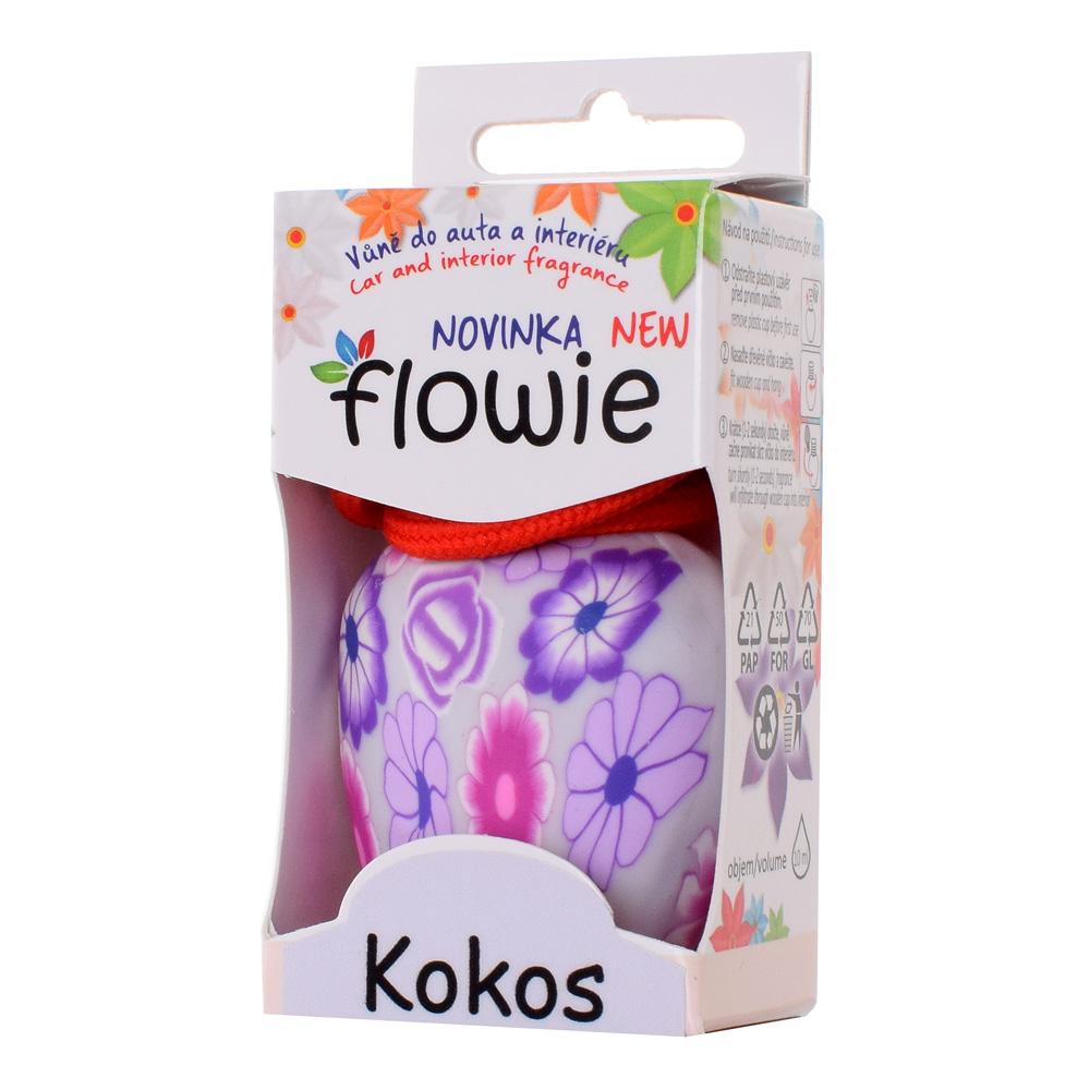 Vôňa do auta Flowie Kokos v obale s kvetinovým vzorom.