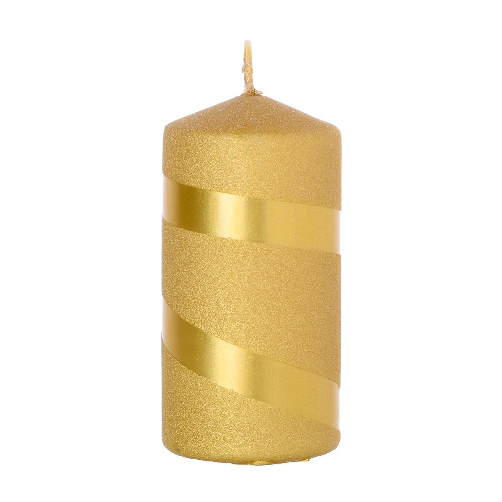 Zlatá vianočná sviečka s glitrom a metalickými pruhmi.