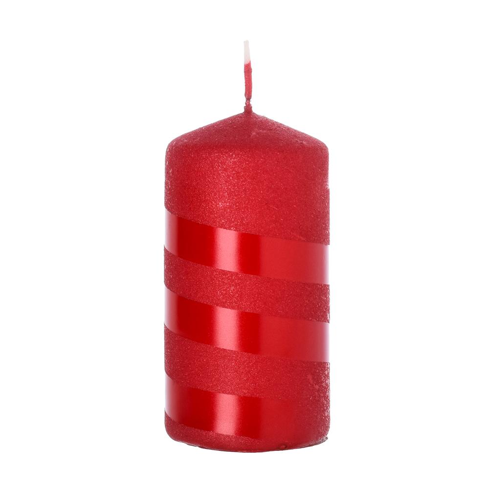Vianočná sviečka s glitrom v červenej farbe s metalickými pruhmi.