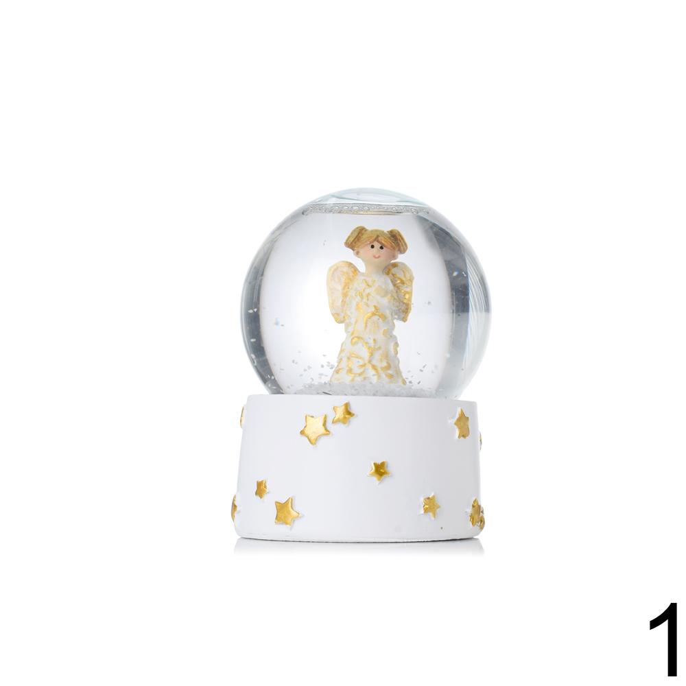Snehová guľa s anjelom, biela a zlatá, mix 2 kusy.