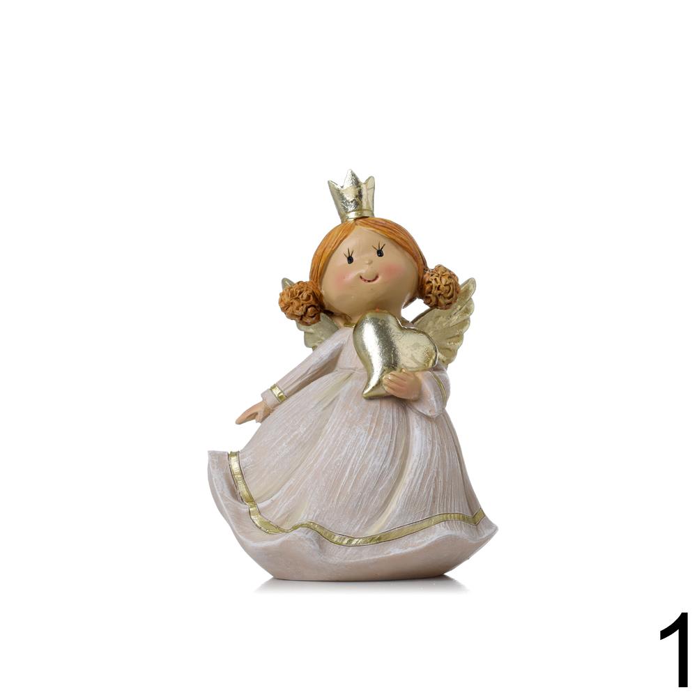 Dekoračný anjel s korunou a srdcom v béžovej farbe.