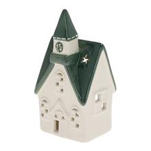 Biely a zelený porcelánový kostolík na sviečku.