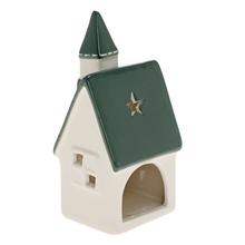 Biely a zelený porcelánový kostolík na sviečku.