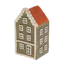 Dekoračný domček v zelenej a oranžovej farbe vyrobený z porcelánu.