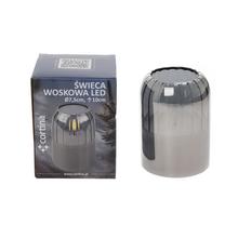 Svetelná sviečka s pohybom plameňa, sivá, 13 cm vysoká.