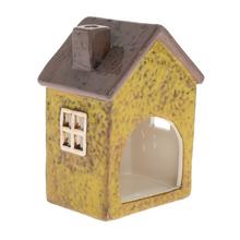 Keramický domček v zelenej a sivej farbe.