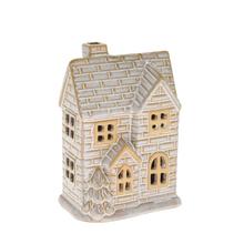 Porcelánový domček s LED osvetlením, biele a hnedé farby.