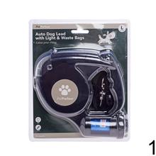 Automatické vodítko pre psov s svetlom a odpadkovými taškami.