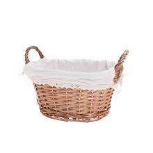 Oválny košík s bielou látkou a rúčkami.