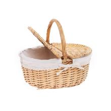 PRÚT. PIKNIKOVÝ KOŠÍK OVÁL SV. HNEDÁ S RÚČKOU BIELA LÁTKA 38x28x17x36CM - FLORASYSTEM