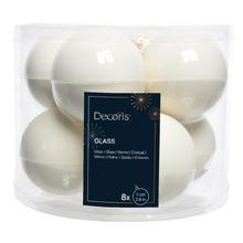 Biele sklenené vianočné gule s lesklým a matným povrchom, priemer 7 cm.