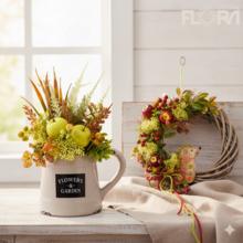 Jesenné aranžmá s kvetmi a dekoráciami.