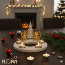 Adventný svietnik s anjelmi a stromom, drevený, 25,5x25,5x18CM.