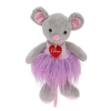 Plyšová myška Akiko v šedej farbe s ružovým sukienkou.