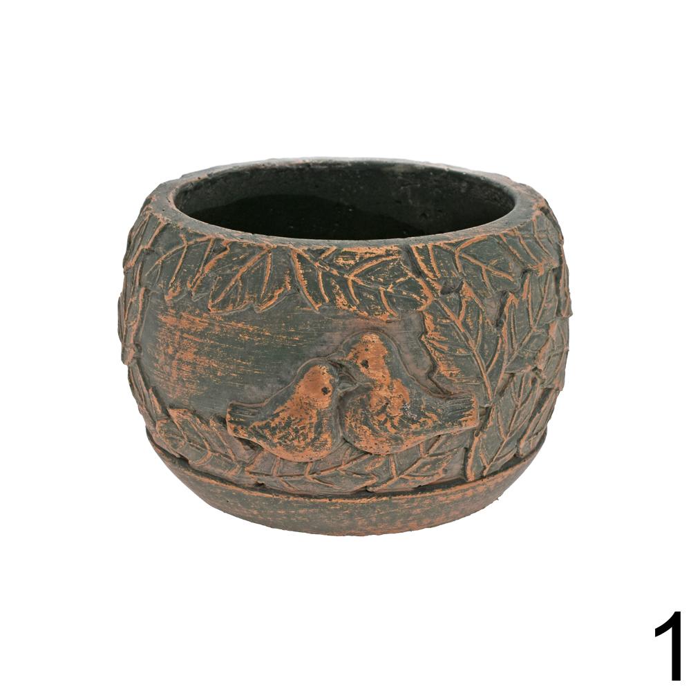 Obal cementový s vtáčikmi, okrúhly, 12,5x12,5x7,5 cm.
