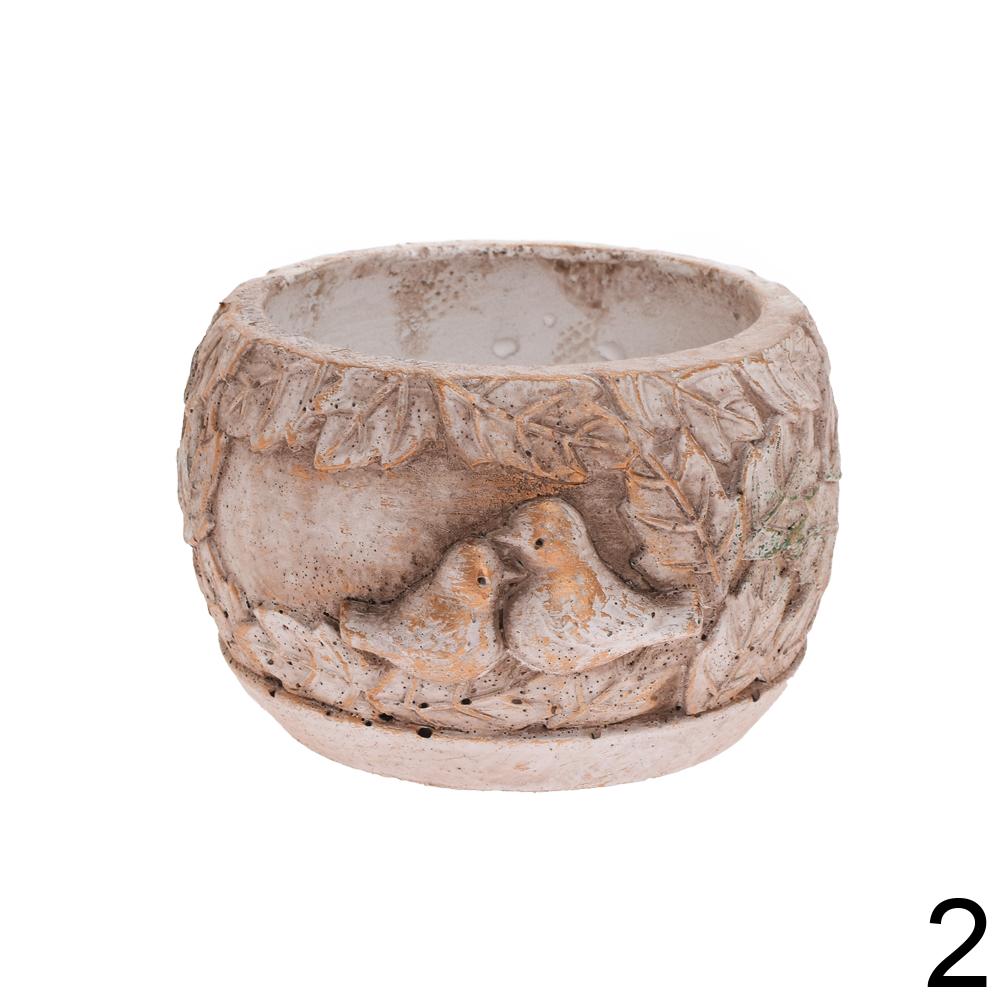 Obal cementový s vtáčikmi, okrúhly, 12,5x12,5x7,5 cm.