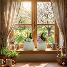 Jarné aranžmá v hrnčeku s kvetmi.