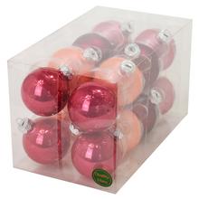 Sada sklenených vianočných gúľ v červenej a ružovej farbe.