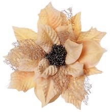 Umelá kvetina Poinsettia v zlatej farbe na klipe.