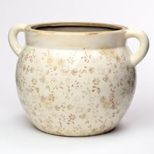 Keramický obal s ušami, hnedý s kvetinovým vzorom.