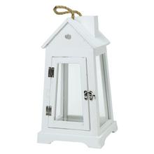 Biely drevený lampáš s rozmermi 16,5x15,5x36 cm.