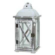 Biely lampáš s drevenou konštrukciou a sklenenými panelmi.