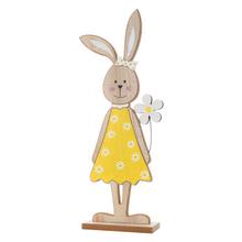 Drevená zajačica s kvetinou, prírodná/biela/žltá farba.