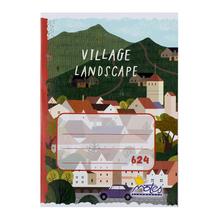 Pevná cena zošit 624 s obrázkom dedinskej krajiny.