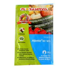 Fungicíd ALIETTE 80WP 10g v obale s obrázkami zeleniny a ovocia.