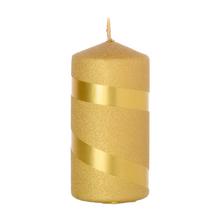 Zlatá vianočná sviečka s glitrom a metalickými pruhmi.