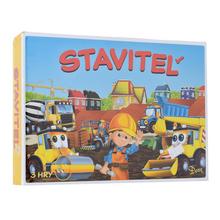 Hra Staviteľ s obrázkom stavebných vozidiel a postavy staviteľa.