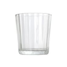 Sklenený svietnik s transparentným dizajnom, výška 6,5 cm.