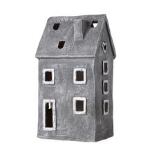 Šedý LED domček s otvorenými oknami a dverami.