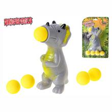 Dinosaurus strieľací s loptičkami, 14 cm, s tromi žltými loptičkami.