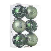 Sada šiestich plastových vianočných gulí v zelenej farbe.