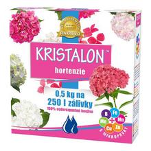 Hnojivo KRISTALON HORTENZIE 500g s obrázkom kvetov hortenzie.