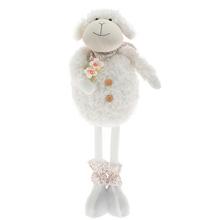 Biela ovca s teleskopickými nohami, držiaca kvetinu.