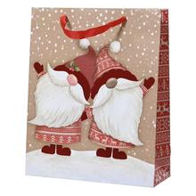 Vianočná papierová taška s glitrami a motívom dvoch Santa Clausov.