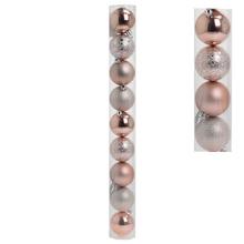 Plastové vianočné gule v bledoružovej farbe s lesklým a matným povrchom.