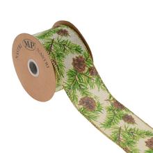 Vianočná juta stuhy s motívom čečiny a šišiek.