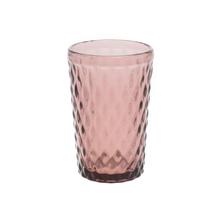 Ružový sklenený pohár s diamantovým vzorom.