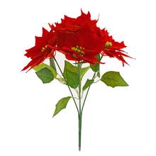 Umelá kytica vianočnej ruže červenej s zelenými listami.