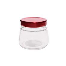 Sklenený pohár s červeným viečkom, objem 100ml.