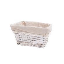 Biely obdĺžnikový košík s látkovým vnútrom.