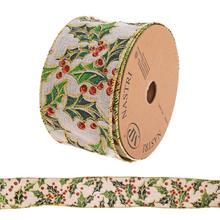 Vianočná stuha s motívom cesmíny, 6,3 cm x 10 m.