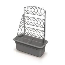 Šedý kvetináč s pergolou a dvoma oddeleniami.